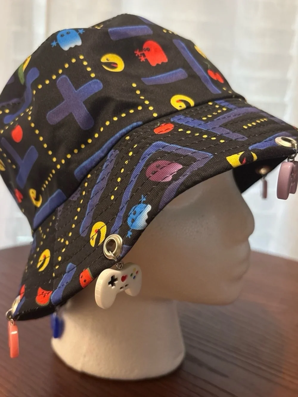 Retro Arcade Black Bucket Hat with Pink & Mint Gamepad Charms